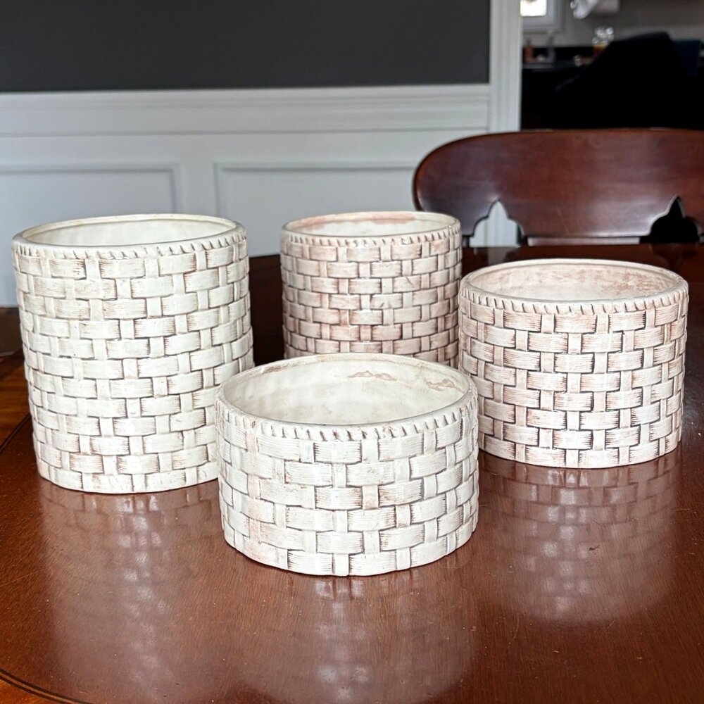 Vintage Set of 4 Faux Basket Weave Ceramic Planters Cachepots Farmhouse Rustic - Picture 1 of 11